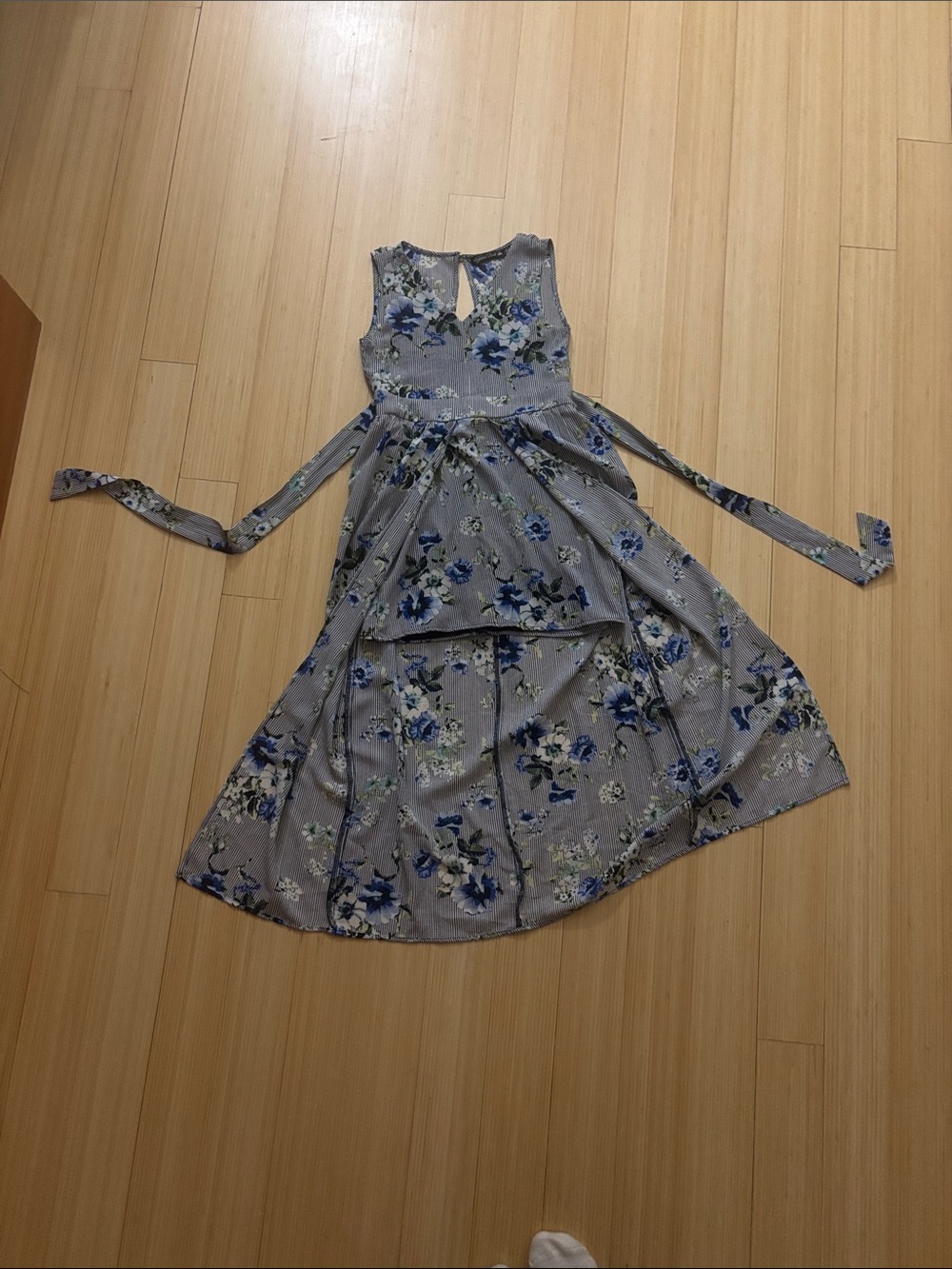 Crystal Doll Sleeveless High-Low Floral Dress in Gray and Blue